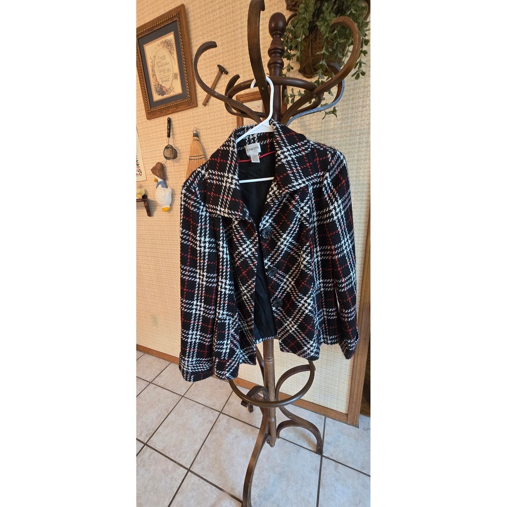 Chicos Black White Red Plaid Textured Button Front Jacket Size 2 L Large